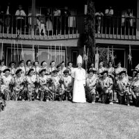 May 28-June 1, 1980 - District 4-C4 District Convention, El Rancho Tropicana, Santa Rose - Costume Parade - Bill Tonelli as the Pope; L to R: back row: Ann Pacheco, Frances Speciacci, Harriet Kleinbach, Pat Ferrera, Emily Farrah, Anne Benetti, Linnie Faina, Grace San Filippo, Irene Tonelli, Eva Bello, Lorraine Castagnetto, Spohie Zagorewicz, Margot Clews, Estelle Bottarini, and Handford Clews; kneeling: Al Kleinbach, Joe Farrah, Gino Benetti, Charlie Bottarini, Ted Zagorewicz, Frank Ferrera (behind), Mike Speciacci, Bob Pacheco, Mike Castagnetto (behind Bob), Ron Faina, Sam San Filippo, Giulio Francesconi, and Pete Bello.