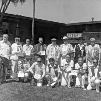 May 1981 - District 4-C4 Convention, El Rancho Tropicana, Santa Rosa - L to R: standing: Lion, Ted Zagorewicz, Lion, Lion, Ron Faina, Lion, Lion, Lion; kneeling: Lion, Lion, Lion, Handford Clews, Giulio Francesconi, Lion.