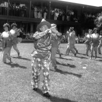 May 1981 - District 4-C4 Convention, El Rancho Tropicana, Santa Rosa - Costume Parade - Bill Tonelli, piper; Frances Spediacci and Claire Holl on left; right: Charlie Bottarini, Sophie Zagorewicz, Margot Clews, and Mike Spediacci.