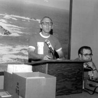 November 1980 - 2nd Cabinet Meeting, Monterey - Cabinet Treasurer Charlie Bottarini, at mic, with Cabinet Secretary Ron Faina.