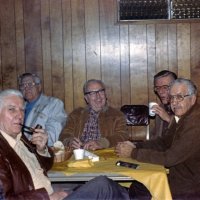1/13/83 - Men Only Barbecue, Pacific Rod & Gun Club, San Francisco - L to R: Charlie Bottarini, Howard Pearson (with pipe), Joe Giuffre, Pete Bello, Art Holl, and Sam San Filippo.