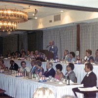 7/31/82 - Cabinet Installation, Amfac Hotel, Burlingame - most are unidentified; Head table: L to R starting at podium: Don Stanaway (at podium), Ray and Marsha Kliewer, and Carol Stanaway. Subhead table: 4th and 5th from right: Sophie and Ted Zagorewicz.