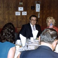 7/31/82 - Cabinet Installation, Amfac Hotel, Burlingame - L to R: on left Joe Farrah (profile), Ron & Linnie Faina; Margot & Handford Clews (backs to camera.)