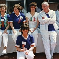 5/4-7/83 - District 4-C4 Convention, El Rancho Tropicana, Santa Rosa - L to R on table: Eva Bello, Claire Holl, Bobbi Damonte, Art Holl, and Donna O’Neill; kneeling: Margot Clews.