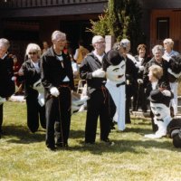 5/4-7/83 - District 4-C4 Convention, El Rancho Tropicana, Santa Rosa - Costume Parade - L to R (costumed only): Ron Faina (back to camera), Ed Morey, Linnie Faina, Art Holl, Pete Bello, Joe Farrah, Bill Tonelli, Sam San Filippo, Claire Holl, Dorothy Pearson, Irene Tonelli (kneeling), and Les Doran.