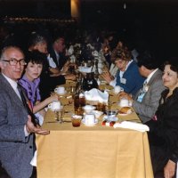 5/4-7/83 - District 4-C4 Convention, El Rancho Tropicana, Santa Rosa - Left, front to back: Giulio Francesconi & Donna O’Neill, Ed Morey, unknown, and Art Holl. Right, front to back: Emily & Joe Farrah, Lorraine Morey, and Handford Clews; balance obscured.