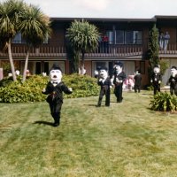 5/4-7/83 - District 4-C4 Convention, El Rancho Tropicana, Santa Rosa - Costume Parade - Charlie Chaplins on parade in the quad.