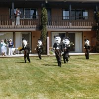 5/4-7/83 - District 4-C4 Convention, El Rancho Tropicana, Santa Rosa - Costume Parade - Charlie Chaplins on parade in the quad.