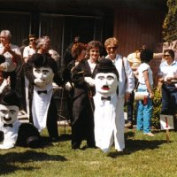 5/4-7/83 - District 4-C4 Convention, El Rancho Tropicana, Santa Rosa - Costume Parade - L to R (costumed only): Pete Bello, Dorothy Pearson (over Pete’s shoulder), Irene Tonelli (kneeling), Les & Jean Doran, and Eva Bello with Sophie Zagorewicz, not in costume; balance unknown.
