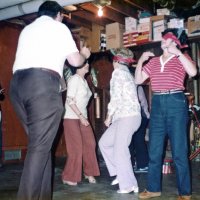 3/17/83 - Convention Prep, Bottarini residence, San Francisco - L to R: Margot & Handford (foreground) Clews, Eva Bello, Irene Tonelli, and Estelle Bottarini. Practicing for the Ameture Show; blind folded because they were to be dressed as blind mice.