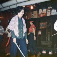 3/17/83 - Convention Prep, Bottarini residence, San Francisco - L to R: Margot Clews, Linnie Faina, Emily Farrah (foreground), Estelle Bottarini, and Handford Clews. Practicing for the Ameture Show; some are blind folded because they were to be dressed as blind mice.