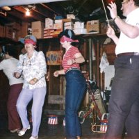 3/17/83 - Convention Prep, Bottarini residence, San Francisco - L to R: Linnie Faina, Eva Bello, Irene Tonelli, Estelle Bottarini, and Handford Clews. Practicing for the Ameture Show; some are blind folded because they were to be dressed as blind mice.