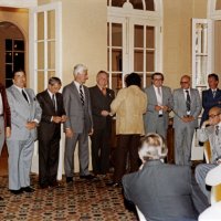 7/25/82 - 32nd Installation of Officers, Olympic Golf & Country Club, San Francisco - Standing L to R: Ed Morey, Bob Pacheco, Handford Clews, John Madden, Charlie Bottarini, Al Gentile, Frank Ferrera, Outgoing President Mike Spediacci (back to camera), Pete Bello (obscured), Ron Faina, Gino Benetti, Mike Castagnetto, and Ozzie Buoncristiani.