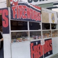 6/28 to 7/4/82 - Fireworks Stand in conjuction with the Skylions of Daly City - Ron Faina and John Madden, on left, manning the booth for sales.
