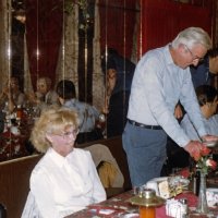 7/7/82 - Guest Speaker Program, L & L Castle Lanes, San Francisco - L to R: Guest speaker, Frank Zumwalt, John Madden (seated), and Handford Clews. Bob Pacheco in lower right.