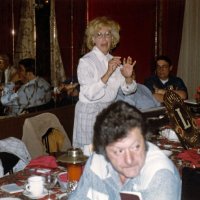7/7/82 - Guest Speaker Program, L & L Castle Lanes, San Francisco - L to R: Guest speaker (standing), John Madden, and Handford Clews. Bob Pacheco in foreground.