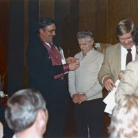 1/19/83 - New Member Induction & Ladies’ Night, L & L Castle Lanes, San Francisco - Les Doran & Drake Woznick - Standing L to R: Handford Clews, Les Doran, Drake Woznick, and Joe Farrah. Sponsors pinning new Lions with their Lions pins.