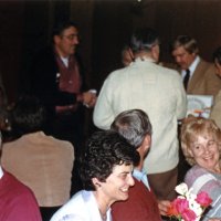 1/19/83 - New Member Induction & Ladies’ Night, L & L Castle Lanes, San Francisco - Les Doran & Drake Woznick - L to R: background: Handford Clews, Les Doran, Drake Woznick, Joe Farrah, and Frank Ferrera (back to camera). Foreground: Art Holl, Estelle & Charlie Bottarini, and Linnie Faina.