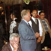 8/18/82 - New Member Induction, L & L Castle Lanes, San Francisco - Dick Johnson - L to R: Frank Zumwalt (sitting), PDG Si Moyer (guess), Dick Johnson, and Handford Clews.
