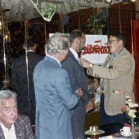 8/18/82 - New Member Induction, L & L Castle Lanes, San Francisco - Dick Johnson - L to R: Frank Zumwalt (sitting), PDG Si Moyer (guess), Dick Johnson, Handford Clews, and John Madden.