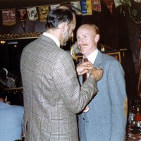 5/11/83 - New Member Induction, L & L Castle Lanes, San Francisco - Jim Kerr - Sponsor Dick Johnson pinning a Lions pin on newly inducted Lion Jim Kerr.