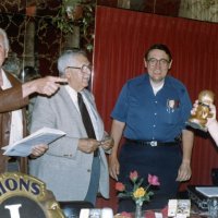 7/14/82 - New Member Induction, L & L Castle Lanes, San Francisco - Howard Pearson - L to R: Newly inducted Lion Howard Pearson, PDG Joe Giuffre, Handford Clews, and Tail Twister Frank Ferrera.
