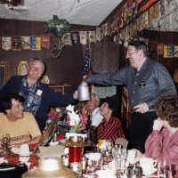 10/20/82 - Ladies’ Night, L & L Castle Lanes, San Francisco - L to R: Lyle Workman (seated), Frank Ferrera, Frank Zumwalt, Margot & Handford Clews (drawing), and Donna O’Neill.