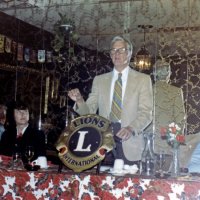 9/15/82 - Guest Speaker Program, L & L Castle Lanes, San Francisco - Frank Zumwalt introducing our guest speaker, seated on left, while Handford Clews looks on.