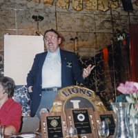 2/9/83 - 46th Annual Student Speaker Contest, L & L Castle Lanes, San Francisco - Topic: “Nuclear” Use or Misuse - Marcy Stuhr, right, with Handford Clews speaking.