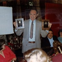 2/9/83 - 46th Annual Student Speaker Contest, L & L Castle Lanes, San Francisco - Topic: “Nuclear” Use or Misuse - L to R: Marcy & Charles Stuhr, holding plaques, and Handford & Margot Clews.