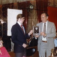 2/9/83 - 46th Annual Student Speaker Contest, L & L Castle Lanes, San Francisco - Topic: “Nuclear” Use or Misuse - L to R: Marcy Stuhr, contestant, Charles Stuhr, and Handford & Margot Clews.