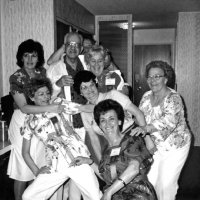 5/12/84 - District 4-C4 Convention, El Rancho Tropicana, Santa Rosa - L to R: Ed Morey in back; Margot Clews, Sam San Filippo, and Linnie Faina; Lorraine Morey, Estelle Bottarini, and Grace San Filippo, Eva Bello in front.
