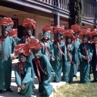 5/11/85 - District 4-C4 Convention, El Rancho Tropicana, Santa Rosa - Costume Parade - L to R: standing: Lorraine & Mike Castagnetto, Sam San Filippo, Claire Holl, Pat Ferrera, Eva & Pete Bello, and Irene & Bill Tonelli; kneeling: Margot Clews, and Ed Morey.