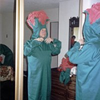 5/11/85 - District 4-C4 Convention, El Rancho Tropicana, Santa Rosa - Costume Parade - Frank Ferrera just finishing up getting ready for the parade.