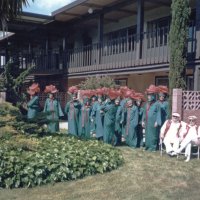 5/11/85 - District 4-C4 Convention, El Rancho Tropicana, Santa Rosa - Costume Parade - Mulling around before the parade are L to R: obscured, Handford Clews, Ed Morey, Pat Ferrera, Lorraine Castagnetto, Estelle Bottarini, obscured, Irene & Bill Tonelli, Eva Bello, Art Holl, and Pete Bello.