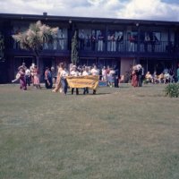 5/11/85 - District 4-C4 Convention, El Rancho Tropicana, Santa Rosa - Costume Parade - Mulling around just before, or after, the parade while the Millbrae Lions begin their walk in the parade.