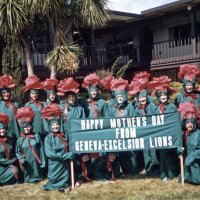 5/11/85 - District 4-C4 Convention, El Rancho Tropicana, Santa Rosa - Costume Parade - L to R: standing: Dick Johnson, Handford Clews, Diane Johnson, Sam San Filippo, Joe Farrah, Ed Morey, Claire Holl, Irene Tonelli, Eva Bello, Art Holl, Frank Ferrera, and Emily Farrah; kneeling: Ron & Linnie Faina, Pat Ferrera, Estelle Bottarini, under sign: Margot Clews, Lorraine Castagnetto; Charlie Bottarini, and Bill Tonelli.