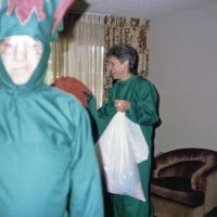 5/11/85 - District 4-C4 Convention, El Rancho Tropicana, Santa Rosa - Costume Parade - The final touches getting ready for the parade. L to R: Dick Johnson (partial), Sam San Filippo, Diane Johnson, and Bill Tonelli.