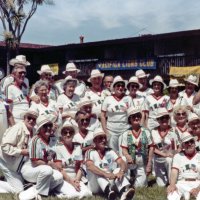 5/11/85 - District 4-C4 Convention, El Rancho Tropicana, Santa Rosa - L to R: back row: Dick Johnson (in hat), Sam San Filippo, Handford Clews, Stanley Golka, Ron Faina; standing, next row: Joe Giuffre, Art Holl, Grace San Filippo, Dorothy Pearson, Frank Ferrera, Claire Holl, Jean Doran, Lorraine Castagnetto, Emily & Joe Farrah, and Ed Morey; kneeling/sitting: Ted Zagorewicz, Emma Giuffre, Sophie Zagorewicz, Mike Castagnetto, Charlie Bottarini, Eva Bello, Pat Ferrera, Linnie Faina, Pete Bello, Bill & Irene Tonelli.