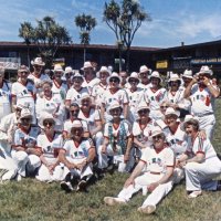 5/11/85 - District 4-C4 Convention, El Rancho Tropicana, Santa Rosa - L to R: back row: Dick Johnson (in hat), Sam San Filippo, Les Doran, Handford Clews, Stanley Golka, Ron Faina; standing, next row: Joe Giuffre, Art Holl, Grace San Filippo, Dorothy Pearson, Frank Ferrera, Claire Holl, Jean Doran, Lorraine Castagnetto, Emily & Joe Farrah, and Ed Morey; kneeling/sitting: Ted Zagorewicz, Emma Giuffre, Sophie Zagorewicz, Mike Castagnetto, Howard Pearson, Eva Bello, Pat Ferrera, Linnie Faina, Bill & Irene Tonelli; front: Charlie Bottarini, and Pete Bello.