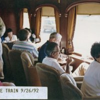 9/26/92 - Napa Wine Train Excursion - L to R: Giulio Francesconi (stand), Pauline Woodall, guest, guest, Charlie Bottarini (blue shirt), Mike Castagnetto, and Estelle Bottarini.