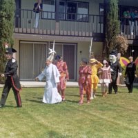 5/20/95 - El Rancho Tropicana, Santa Rosa - Costume Parade - L to R: Charlie Bottarini (1969), Giulio Francesconi (1975), Bill Tonelli (1980), Mike & Lorraine Castgnetto (1980), Irene Tonelli (1982), Margot (1984) & Handford Clews (1983), and Diane Johnson (1994). Year following name is when each costume appeared in the District Convention.