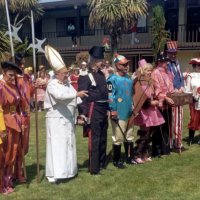 5/20/95 - El Rancho Tropicana, Santa Rosa - Costume Parade - L to R: Irene Tonelli (1982), Lorraine & Mike Castagnetto (1980), Bill Tonelli (1980), Giulio Francesconi (1975), Charlie Bottarini (1969), Linnie & Ron Faina (1968), Lyle Workman (1967), Estelle Bottarini (1966), Pauline (1964) & Bob Dobbins (1960), and Donna Francesconi (1960). Year following name is when each costume appeared in the District Convention.