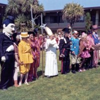 5/20/95 - El Rancho Tropicana, Santa Rosa - Costume Parade - L to R: Diane Johnson (1994), Handford (1983) & Margot (1984) Clews, Irene Tonelli (1982), Lorraine & Mike Castagnetto (1980), Bill Tonelli (1980), Giulio Francesconi (1975), Charlie Bottarini (1969), Linnie & Ron Faina (1968), Lyle Workman (1967), Estelle Bottarini (1966), Pauline (1964) & Bob Dobbins (1960), and Donna Francesconi (1960). Year following name is when each costume appeared in the District Convention.