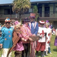 5/20/95 - El Rancho Tropicana, Santa Rosa - Costume Parade - L to R: Giulio Francesconi (1975), Charlie Bottarini (1969), Linnie & Ron Faina (1968), Lyle Workman (1967), Estelle Bottarini (1966), Pauline (1964) & Bob Dobbins (1960), and Donna Francesconi (1960). Year following name is when each costume appeared in the District Convention.