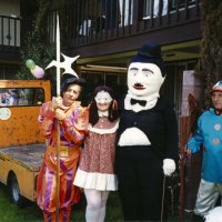 5/20/95 - El Rancho Tropicana, Santa Rosa - Costume Parade - L to R: Mike Castagnetto (1980), Margot (1984) & Handford (1983) Clews, and Charlie Bottarini (1969). Year following name is when each costume appeared in the District Convention.