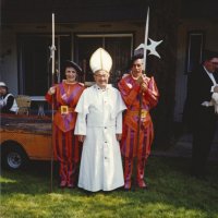 5/20/95 - El Rancho Tropicana, Santa Rosa - Costume Parade - L to R: Lorraine Castagnetto, Bill Tonelli, and Mike Castagnetto (all from 1980), and Handford Clew (1983). Year following name is when each costume appeared in the District Convention.