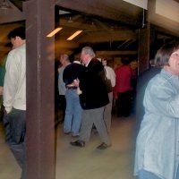 2/23/2002 - Recreation Center for the Handicapped, San Francisco - 20th Annual Crab Feed - Guests lining up at the bar. Margot Clews, in blue, closest to camera.