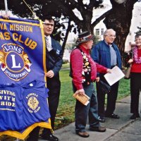 6/8/05 - L to R: Sheriar Irani, Bob Lawhon, Joe Farrah, with Donna Francesconi, gathered at the recently installed Giulio Francesconi “Barbary Coast Trail” memorial plaque on Washington Square's sidewalk opposite Moose's Restaurant.