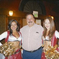 10/17/07 - Sodini’s Bertolucci’s Ristorante, South San Francisco - George Salet posing with 49er Gold Rush girls Asha and Lauren.